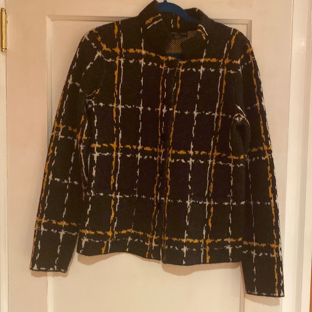 Adrienne Vittadini sweater jacket.   Charcoal grey with cream and gold pattern